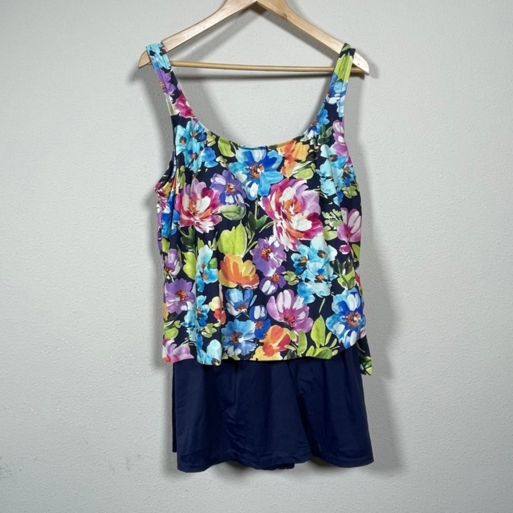 Maxine of Hollywood Swimdress Womens 18 Navy Floral Modest Vacation Grannycore